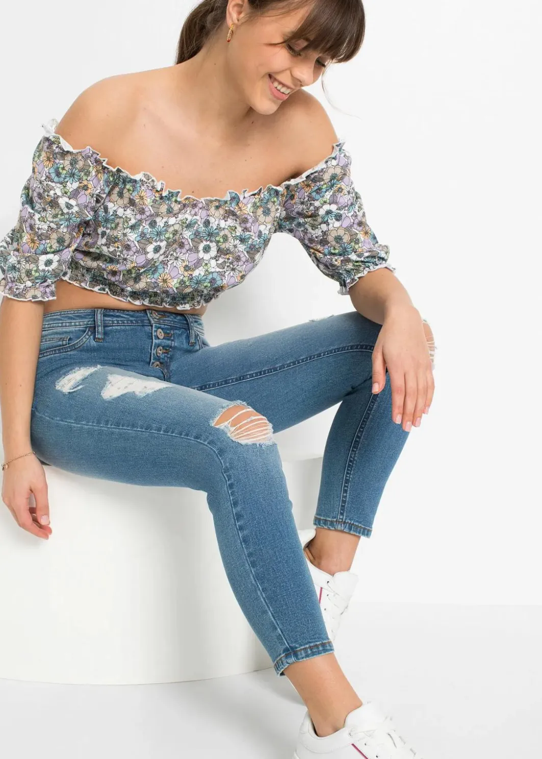 Damen bonprix Jeans|Skinny-Jeans, Mid Waist, Destroyed