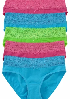 Damen bonprix Höschen|Baumwollunterwäsche|Slip mit Spitze (5er Pack)