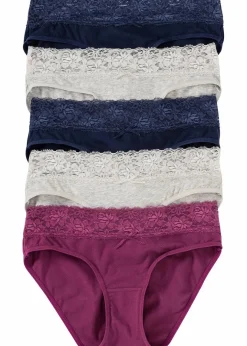 Damen bonprix Höschen|Baumwollunterwäsche|Slip mit Spitze (5er Pack)