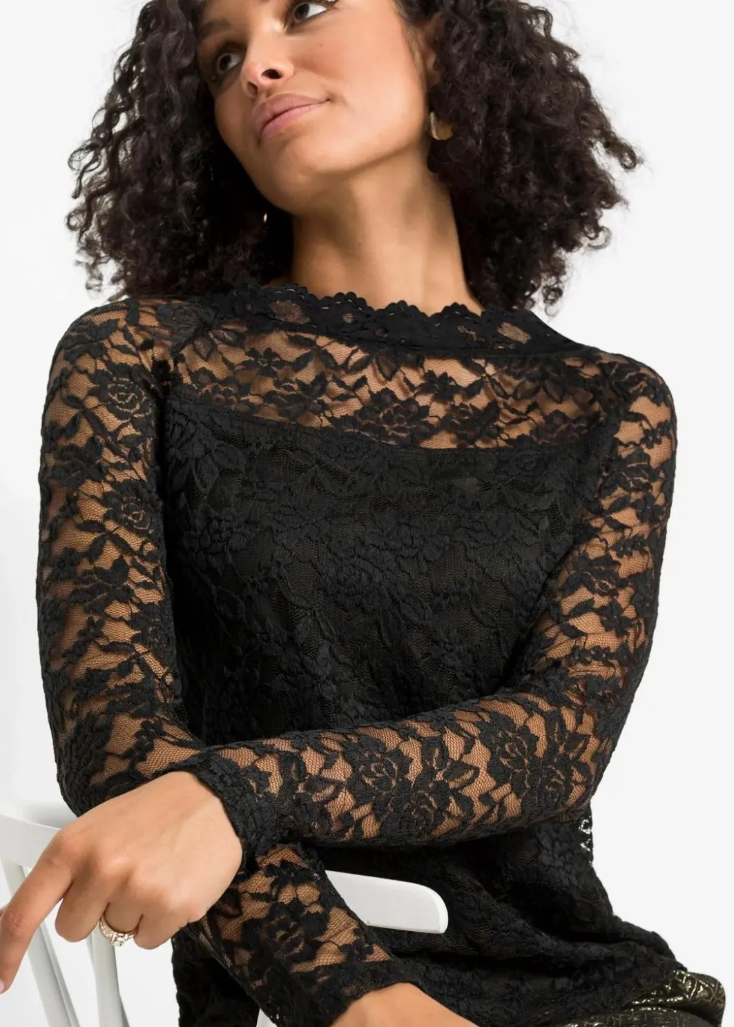 Damen bonprix Shirts & Tops|Spitzen-Langarmshirt