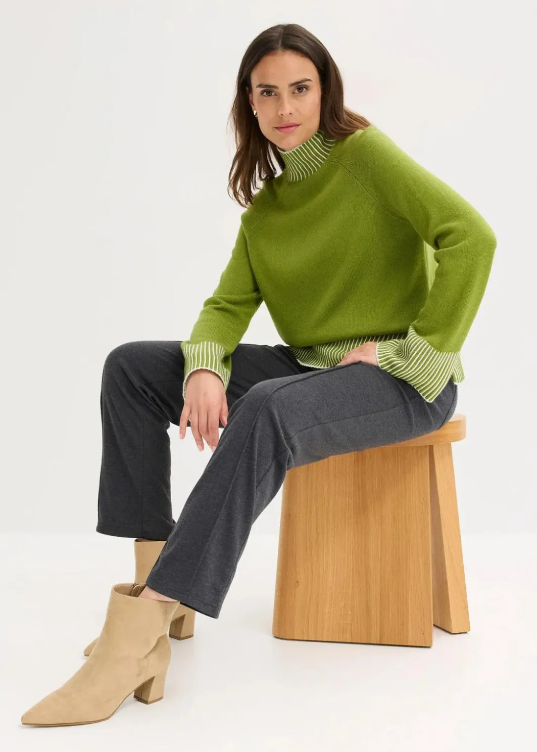 Damen bonprix Pullover & Strickjacken|Strickmode|Stehkragenpullover mit Kaschmiranteil