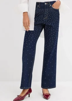 Damen bonprix Kurzgrößen|Bekleidung·Shirts & Tops|Straight-Jeans Mid Waist mit Strass