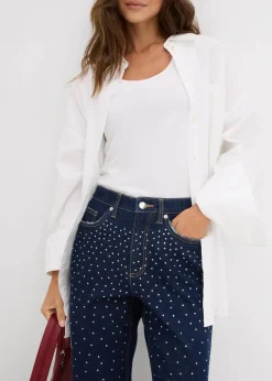 Damen bonprix Kurzgrößen|Bekleidung·Shirts & Tops|Straight-Jeans Mid Waist mit Strass