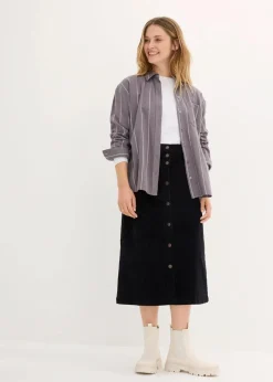 Online Stretch-Cordrock mit Knopfleiste, Midi-Länge Damen Bekleidung·Sportbekleidung|Röcke