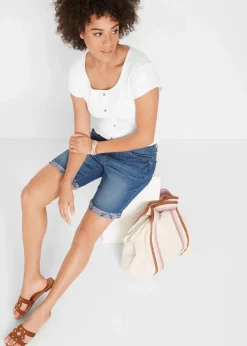 Hot Stretch-Jeans-Bermuda mit farbigem Umschlag Damen Shorts|Jeans