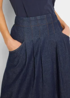 Damen bonprix Bekleidung·Sportbekleidung|Röcke|Stretch-Jeansrock mit Biesen, Bindeband und Bequembund