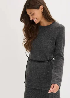 Strickshirt mit Wollanteil und Lederimitat- Bindeband Damen Bekleidung·Umstandsmode|Strickmode