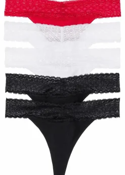 Damen bonprix Wäsche·Baumwollunterwäsche|Wäsche·Höschen|String mit Spitze (5er Pack)