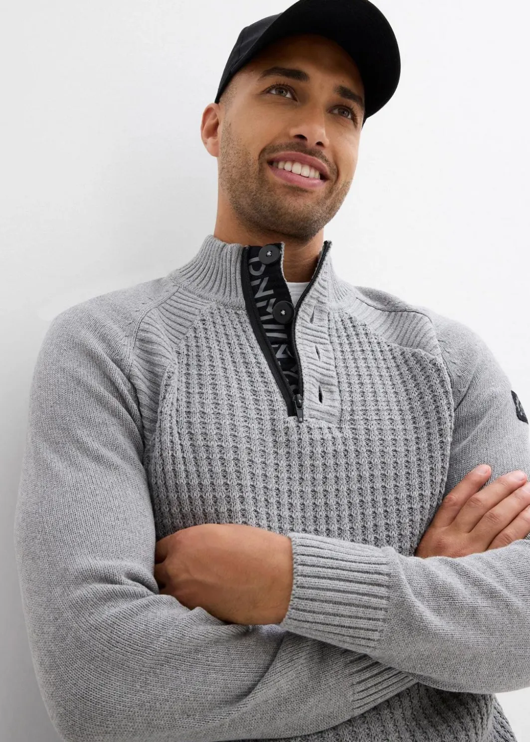 Herren bonprix Pullover & Strickjacken|Große Größen|Strukturierter-Stehkragenpullover mit recycelter Baumwolle