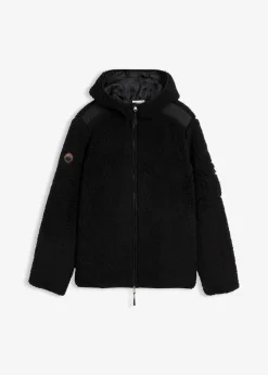 Herren bonprix Große Größen|Outdoorbekleidung|Teddy-Fleece Jacke mit Web-Besatz und Kapuze