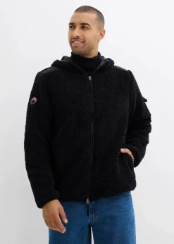 Herren bonprix Große Größen|Outdoorbekleidung|Teddy-Fleece Jacke mit Web-Besatz und Kapuze