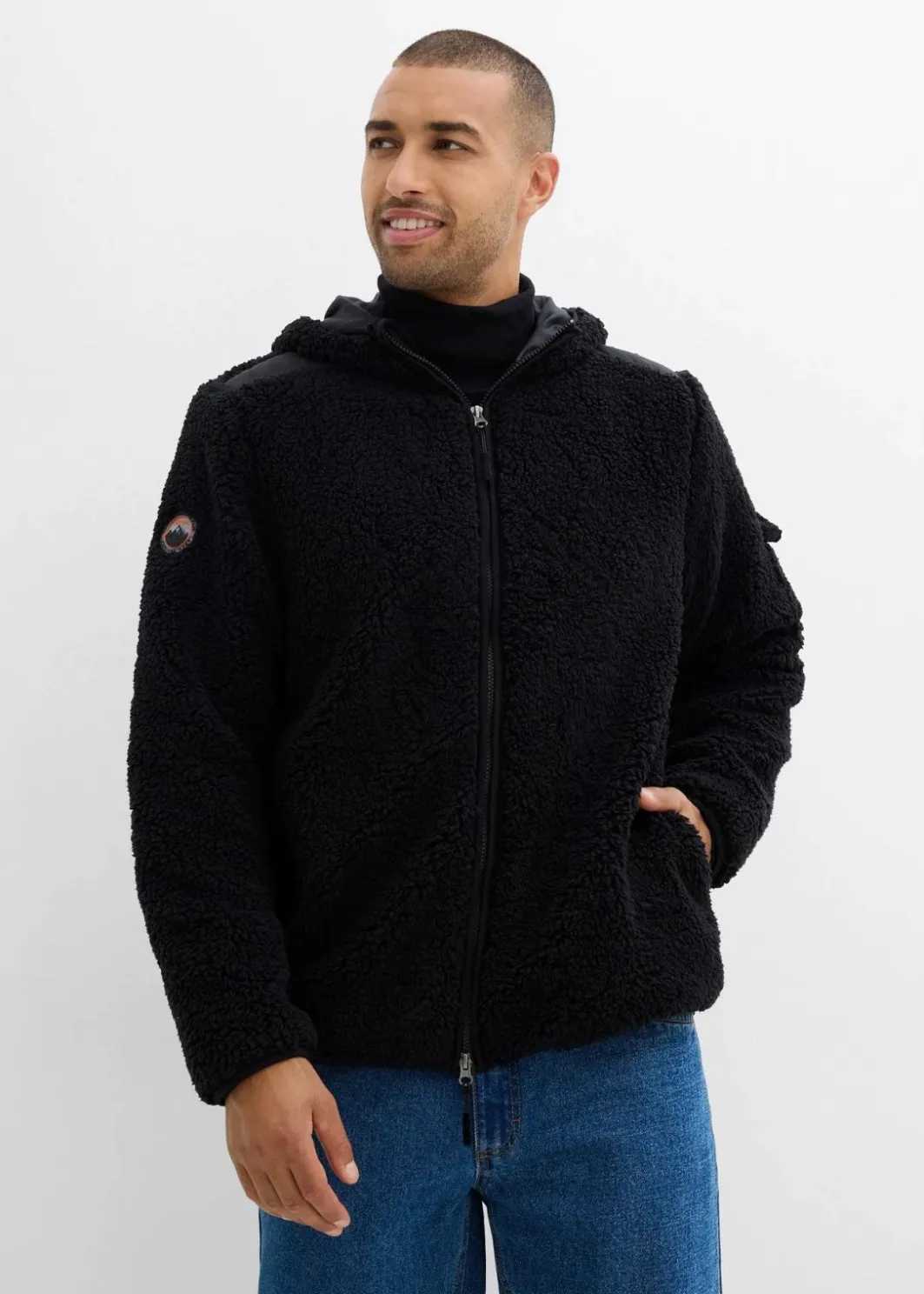 Herren bonprix Große Größen|Outdoorbekleidung|Teddy-Fleece Jacke mit Web-Besatz und Kapuze