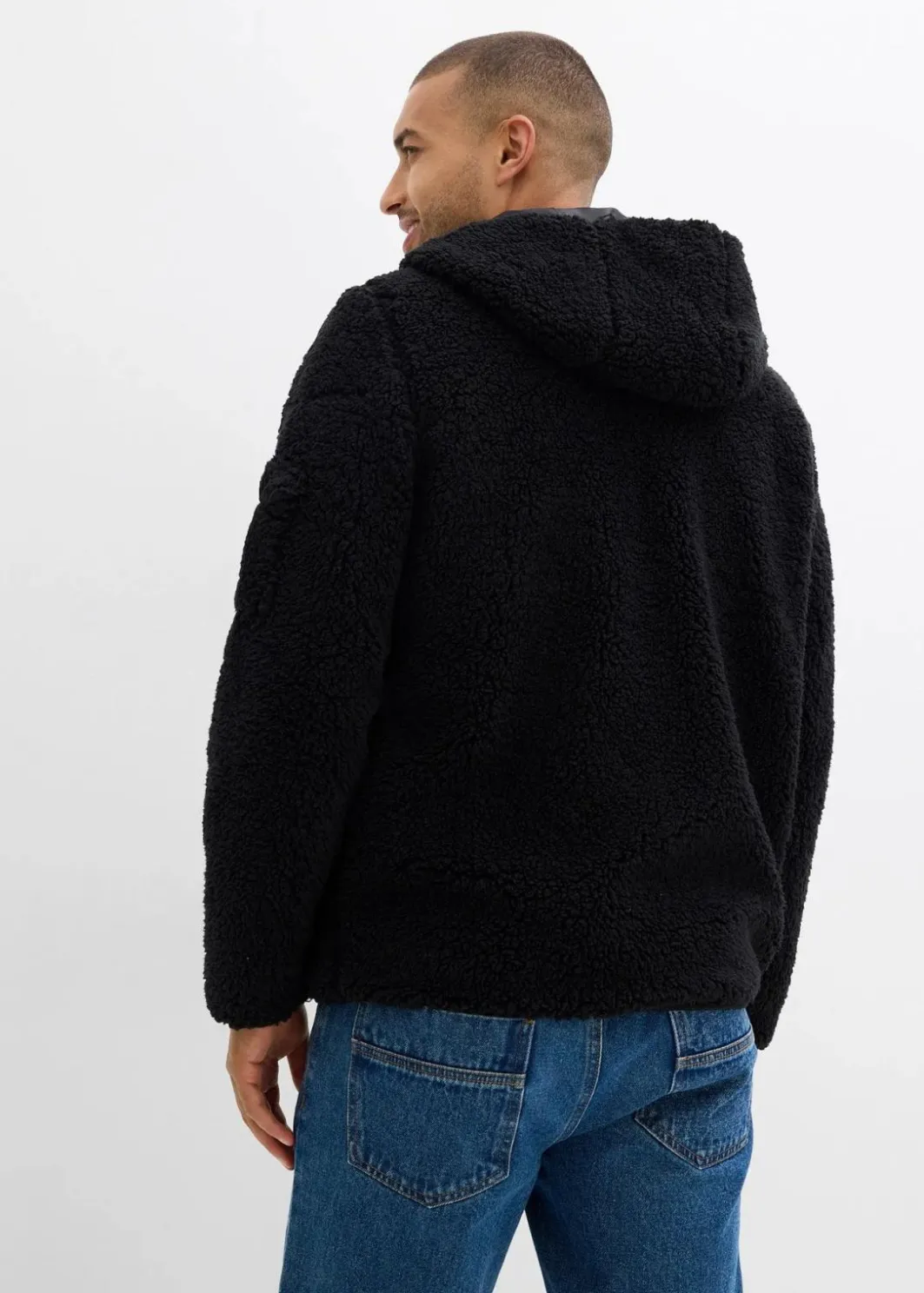 Herren bonprix Große Größen|Outdoorbekleidung|Teddy-Fleece Jacke mit Web-Besatz und Kapuze