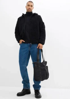 Herren bonprix Große Größen|Outdoorbekleidung|Teddy-Fleece Jacke mit Web-Besatz und Kapuze