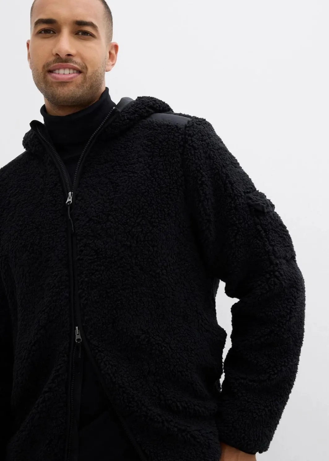 Herren bonprix Große Größen|Outdoorbekleidung|Teddy-Fleece Jacke mit Web-Besatz und Kapuze