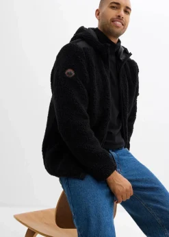 Herren bonprix Große Größen|Outdoorbekleidung|Teddy-Fleece Jacke mit Web-Besatz und Kapuze