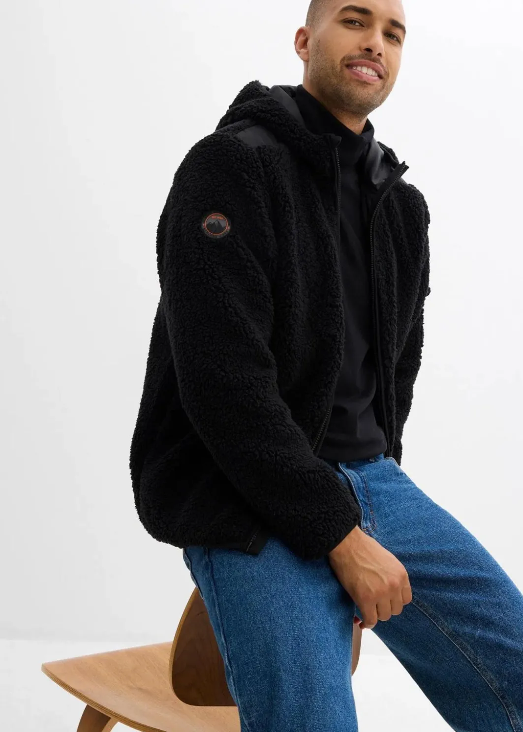 Herren bonprix Große Größen|Outdoorbekleidung|Teddy-Fleece Jacke mit Web-Besatz und Kapuze