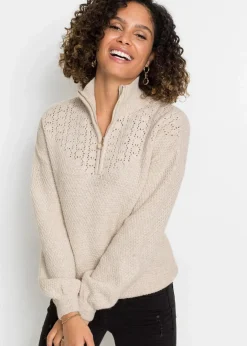 Damen bonprix Bekleidung·Jeans|Pullover & Strickjacken|Troyer Pullover mit Ajourmuster