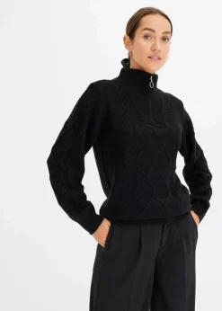Damen bonprix Pullover & Strickjacken|Bekleidung·Jeans|Troyer Pullover mit Zopfmuster