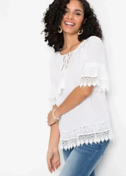 Damen bonprix Blusen & Tuniken|Nachhaltigere Materialien|Tunika mit Spitze aus softer Viskose