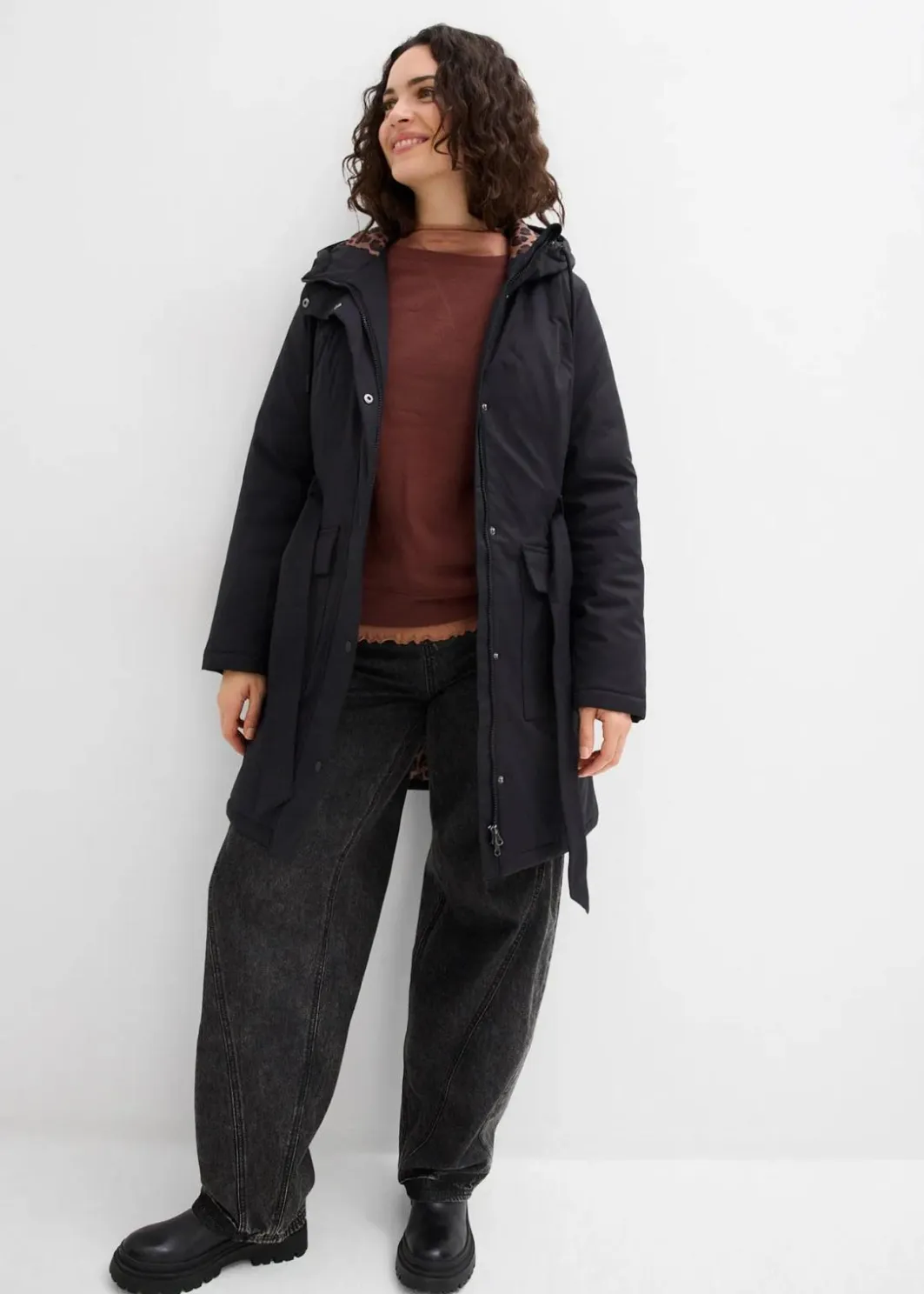 Damen bonprix Jacken & Mäntel|Bekleidung·Hosen|Wasserabweisender Outdoor-Kurzmantel mit Gürtel, Leo-Futter