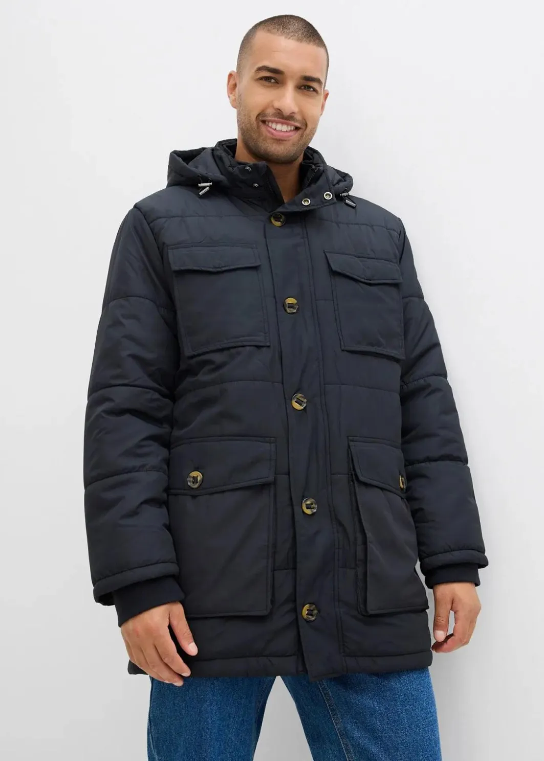 Online wattierter Stepp-Parka mit aufgesetzten Taschen und abnehmbarer Kapuze Herren Große Größen|Jacken & Mäntel