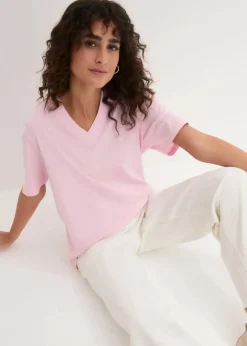 Damen bonprix Shirts & Tops|Basics|Weites Long-Shirt mit V-Ausschnitt, Kurzarm (5er Pack)