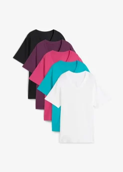 Damen bonprix Shirts & Tops|Basics|Weites Long-Shirt mit V-Ausschnitt, Kurzarm (5er Pack)