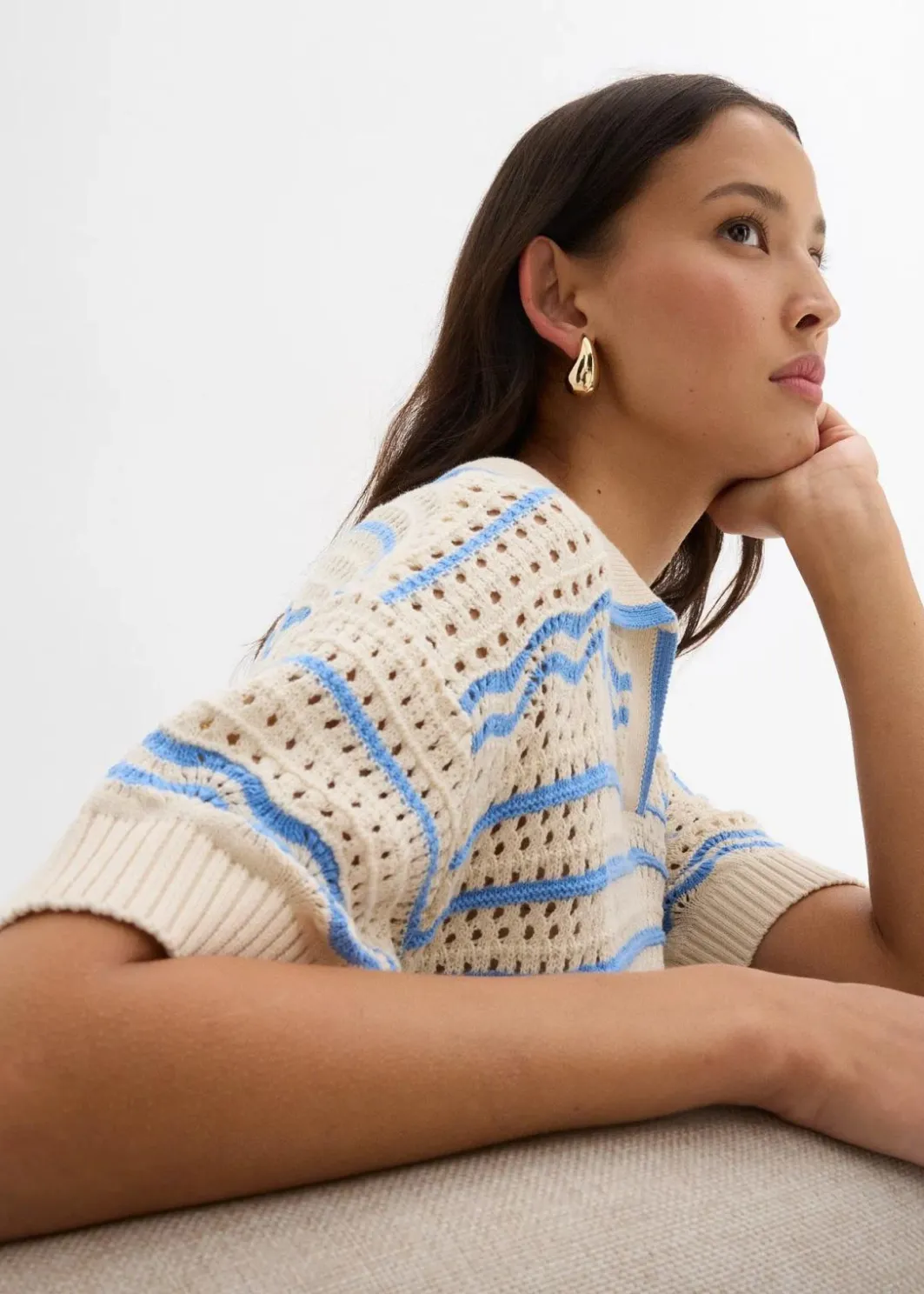 Weites Strickshirt aus luftigem Baumwoll-Leinen-Mix Damen Strickmode|Shirts & Tops