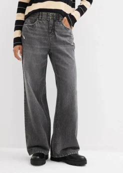 Damen bonprix Jeans|Kurzgrößen|Wide-Leg-Jeans Mid Waist, Low Stretch