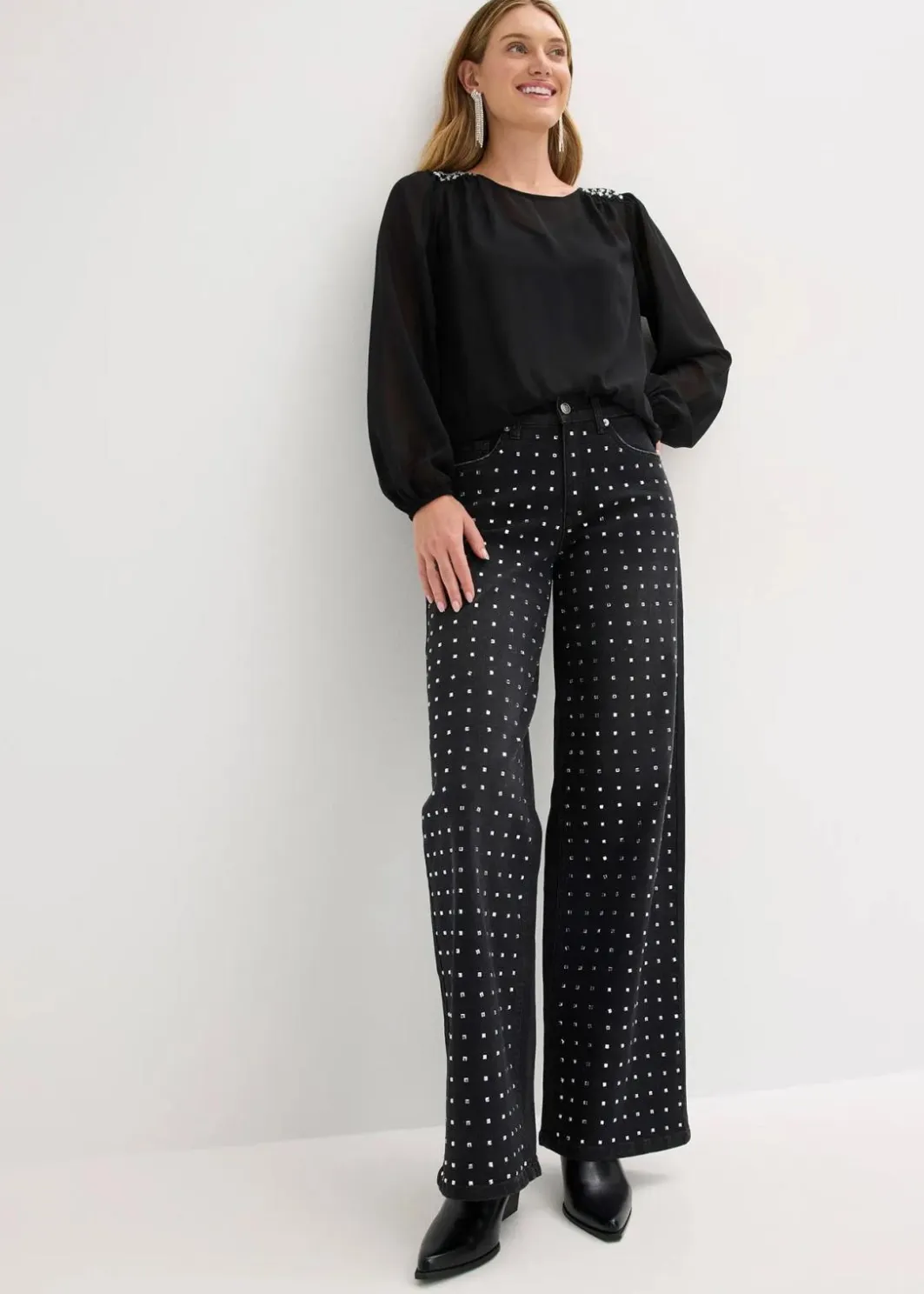 Damen bonprix Bekleidung·Shirts & Tops|Jeans|Wide-Leg-Jeans Mid Waist mit Strassapplikation