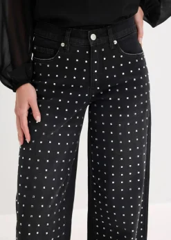 Damen bonprix Bekleidung·Shirts & Tops|Jeans|Wide-Leg-Jeans Mid Waist mit Strassapplikation