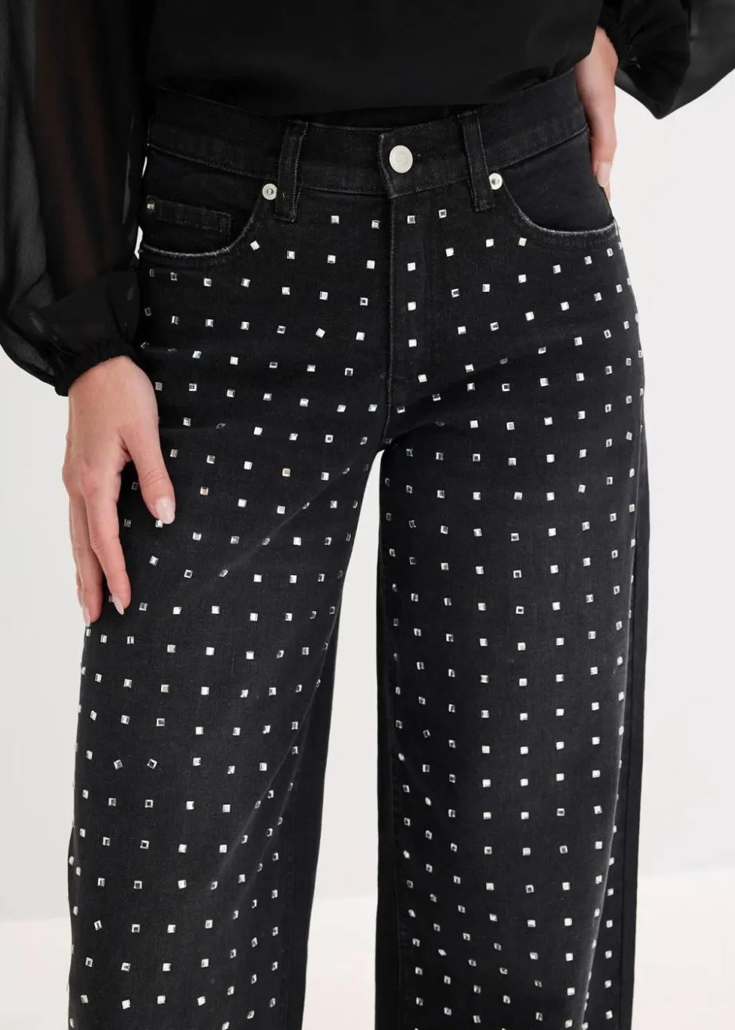 Damen bonprix Bekleidung·Shirts & Tops|Jeans|Wide-Leg-Jeans Mid Waist mit Strassapplikation