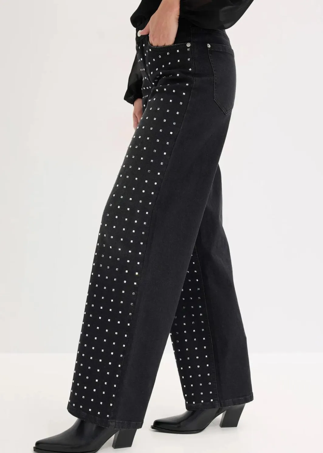 Damen bonprix Bekleidung·Shirts & Tops|Jeans|Wide-Leg-Jeans Mid Waist mit Strassapplikation