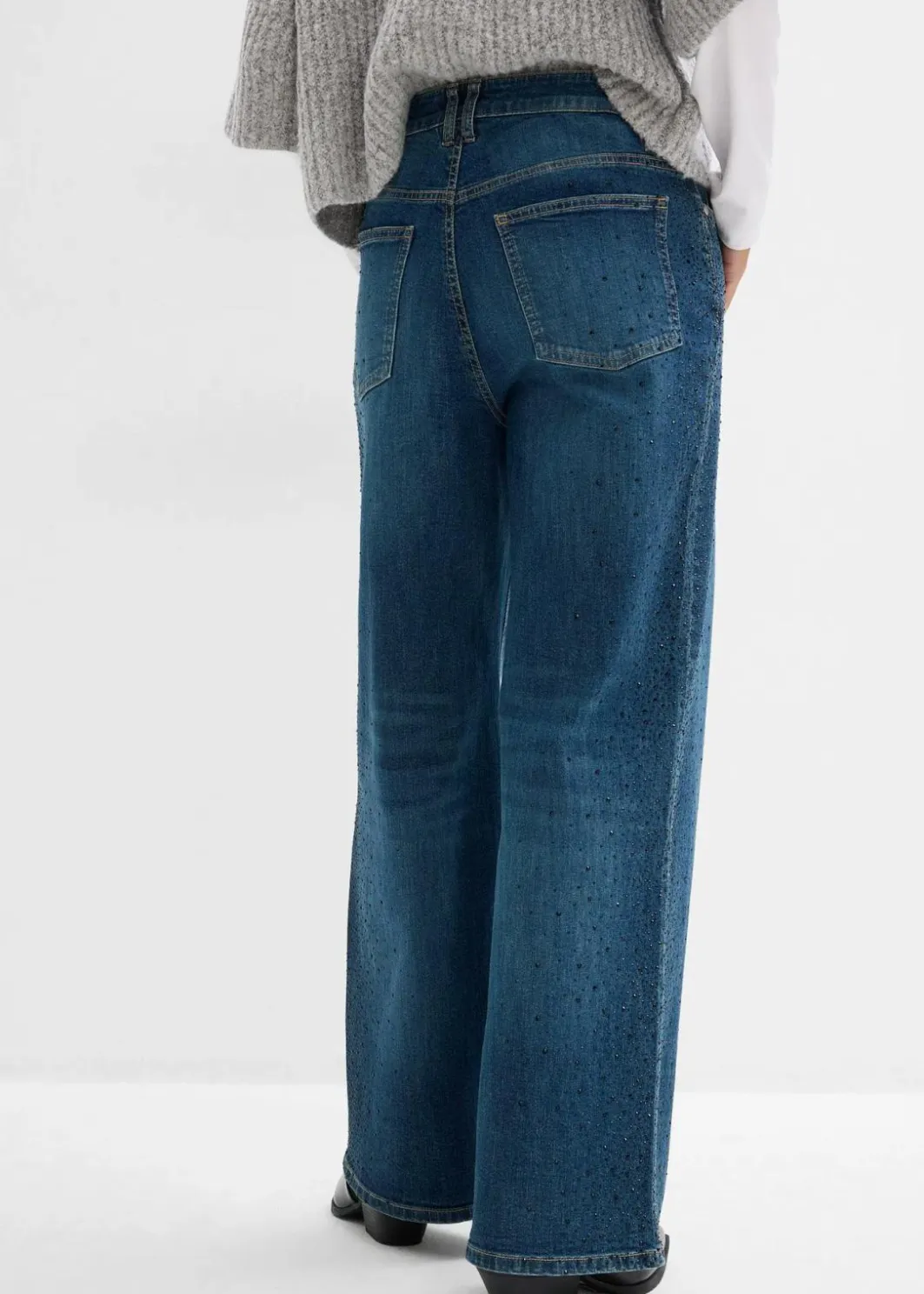 Damen bonprix Kurzgrößen|Bekleidung·Shirts & Tops|Wide-Leg-Jeans Mid Waist mit Glitzersteinen
