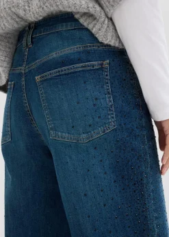 Damen bonprix Kurzgrößen|Bekleidung·Shirts & Tops|Wide-Leg-Jeans Mid Waist mit Glitzersteinen