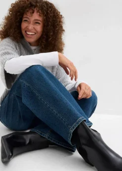 Damen bonprix Kurzgrößen|Bekleidung·Shirts & Tops|Wide-Leg-Jeans Mid Waist mit Glitzersteinen