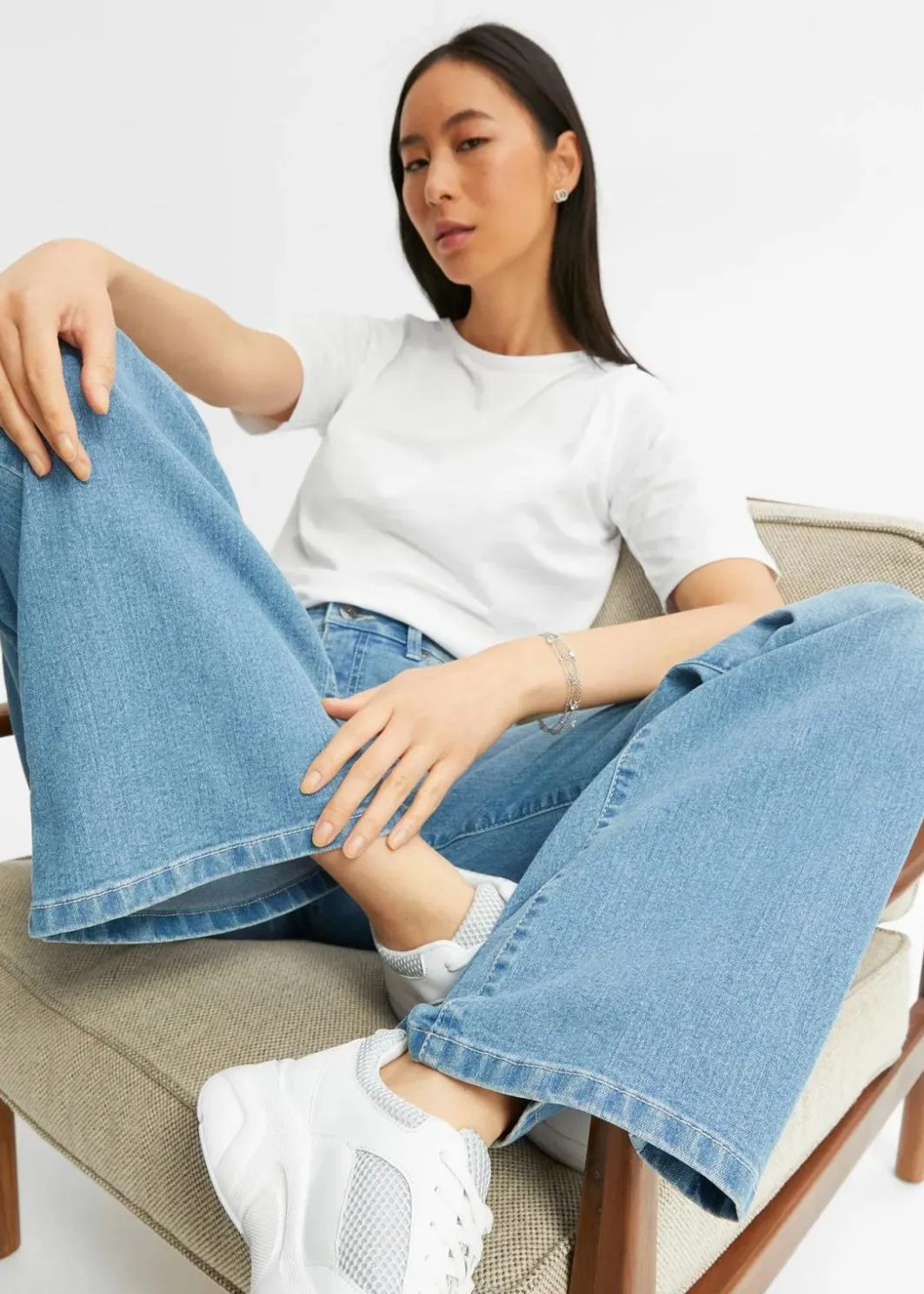 Damen bonprix Jeans|Kurzgrößen|Wide-Leg-Jeans, Mid Waist, Stretch
