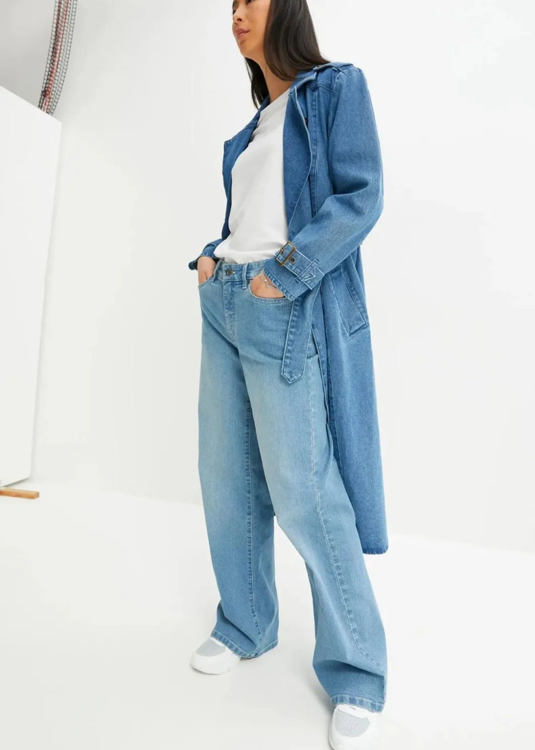 Damen bonprix Jeans|Kurzgrößen|Wide-Leg-Jeans, Mid Waist, Stretch