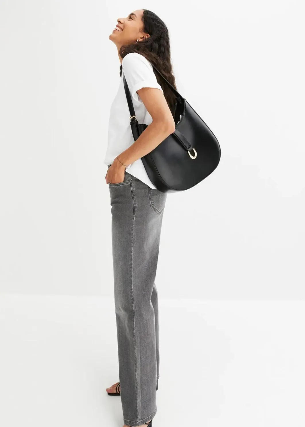 Damen bonprix Jeans|Kurzgrößen|Wide-Leg-Jeans, Mid Waist, Stretch