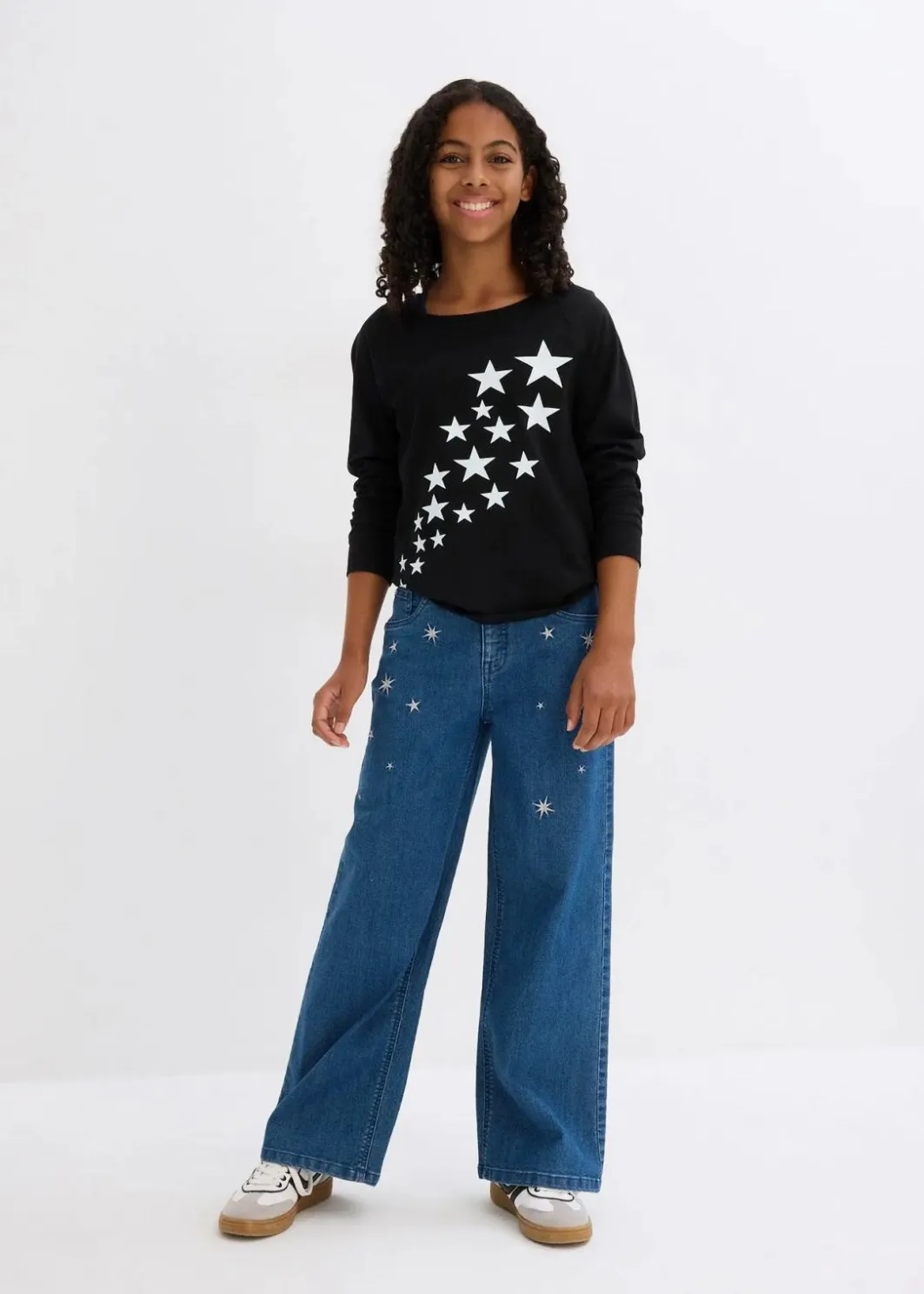 Kinder bonprix Mädchen 9-16 Jahre·Jeans|Wide-Leg-Jeans mit Stickerei Mid Waist